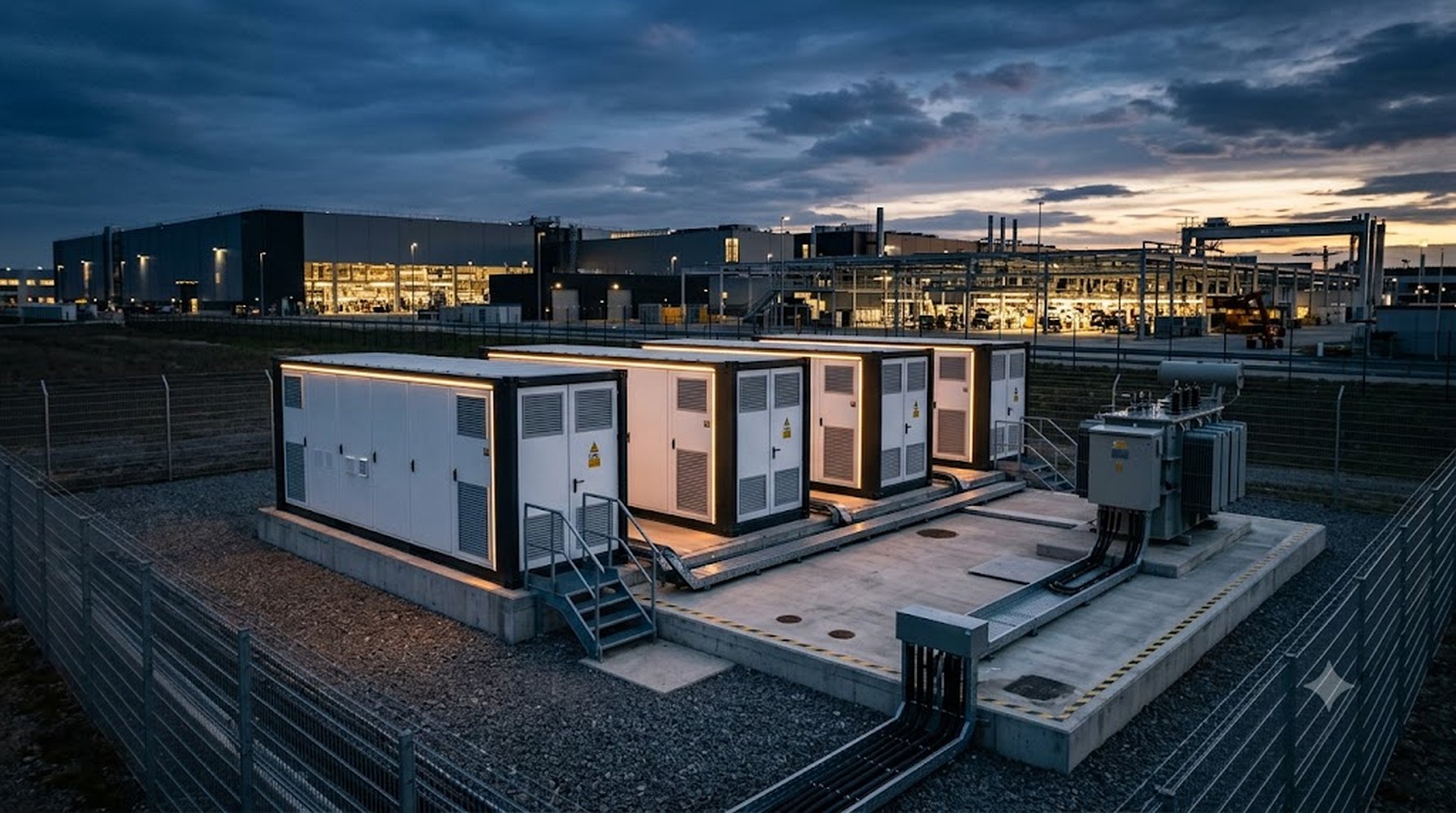 Sistema de almacenamiento de energía industrial instalado en el patio de una planta de manufactura al atardecer