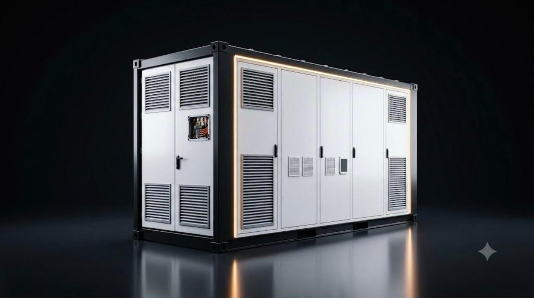 Gabinete industrial NB-BESS de PulseVolt sobre fondo oscuro