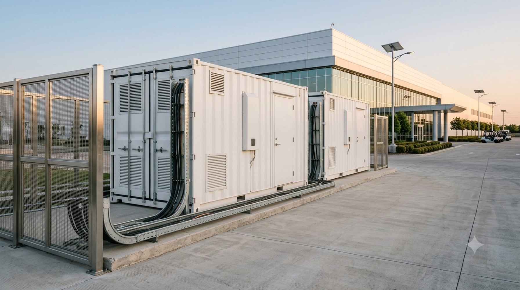 Instalación real de un NB-BESS de PulseVolt en el patio de una planta industrial